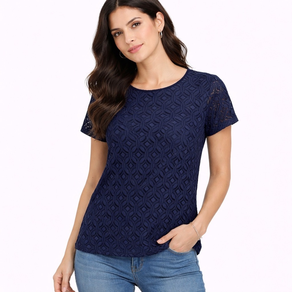 Market & Spruce Hans Navy Crochet Lace Knit Top Size MP NWT
